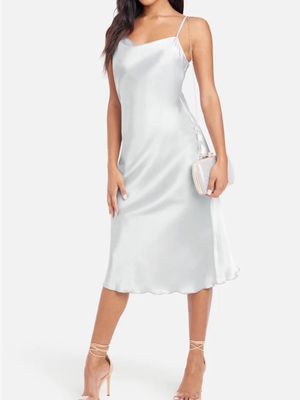 Silver Satin Slip Dress - Cowl Neck Spaghetti Straps
